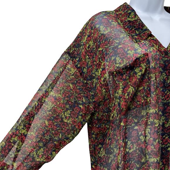 Free People Womens Easy Rider Floral Sheer Button Up Blouse Size M Navy Romantic - Picture 4 of 8
